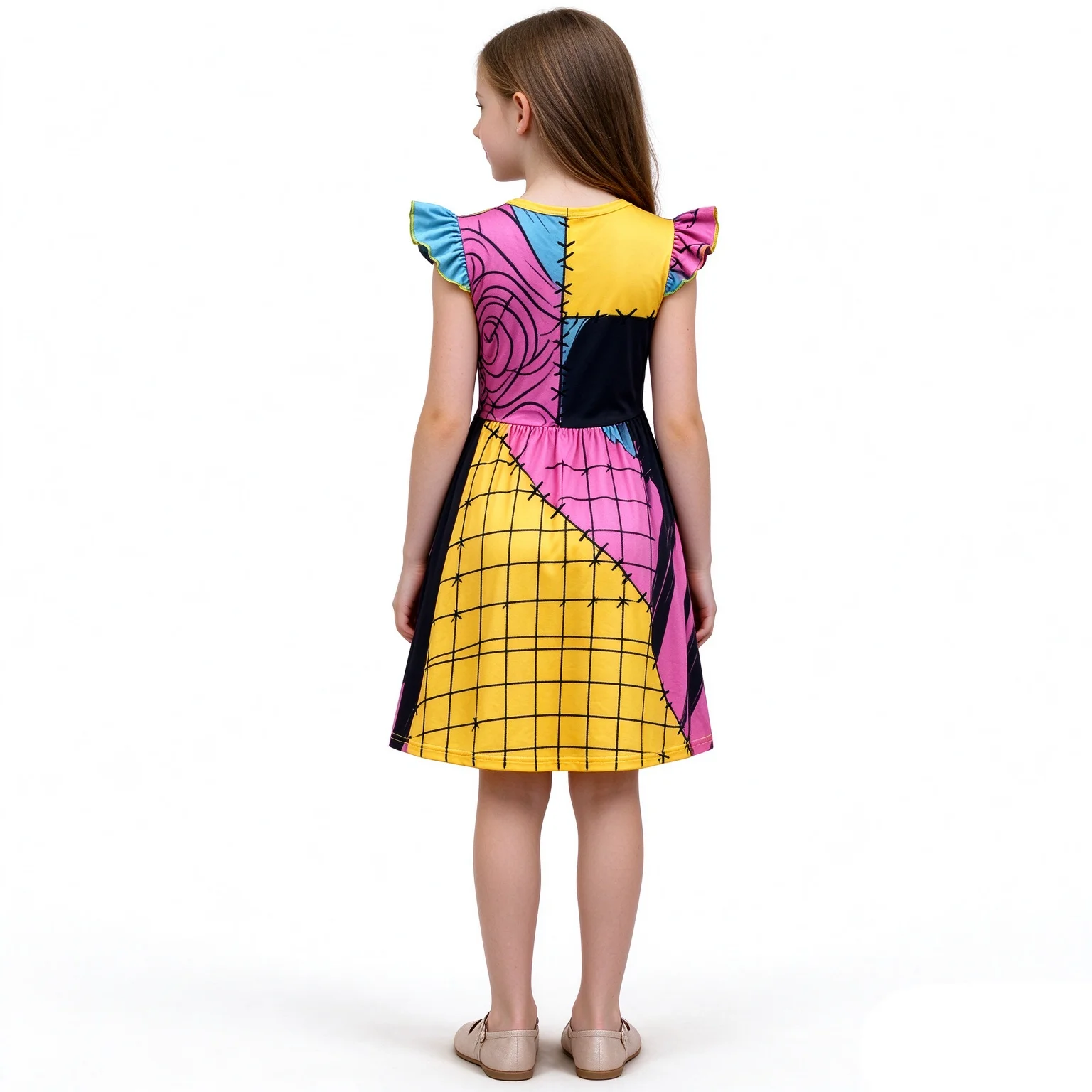 Girls Sally Cosplay Dress The Nightmare Christmas Kids Costume Flutter Sleeve Patchwork Print A-line Dress for Halloween Party