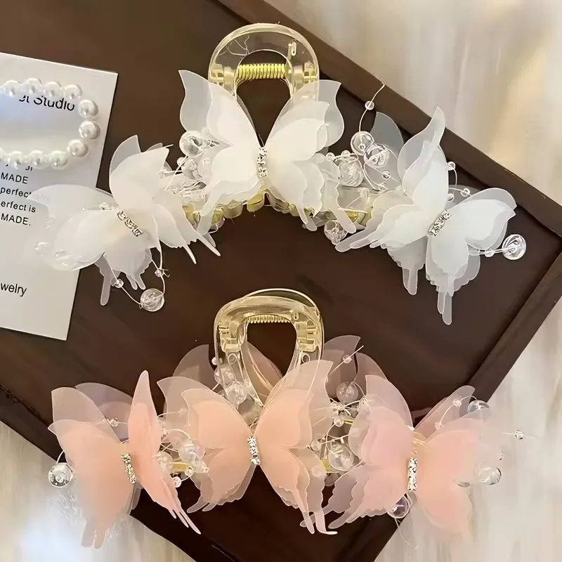 رائعة لؤلؤة فراشة كراب الشعر مخلب الفتيات الحلو الوردي زهرة دبوس الشعر ذيل حصان مقاطع الشعر سميكة إكسسوارات الشعر للنساء