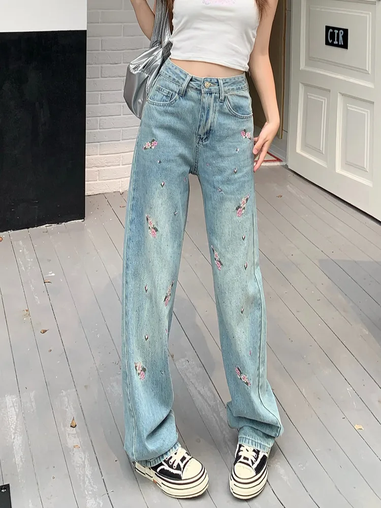 

GUUZYUVIZ Floral Embroidery Light blue Vintage Baggy Jeans For Woman Korean Fashion High Waist Casual Wide Leg Denim Pants