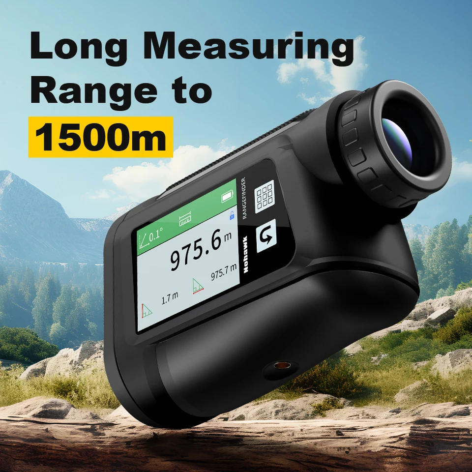노하우크 1500M 레이저 거리측정기 음성 안내 터치 가능한 HD 화면, 거리/각도/속도/스캔/골프 다중 모드 골프 또는 사냥용
