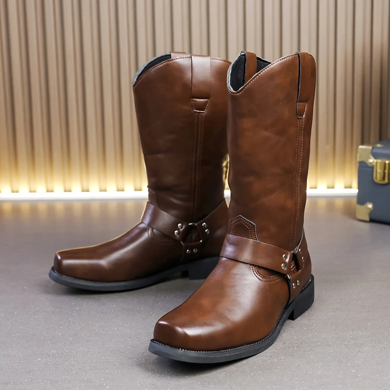 

Retro Cowboy Mid Calf Western Pu Leather Man Slip on Shoes Winter Knight Booties Plus Size 38-46 Zapatos Hombre Chelsea Men