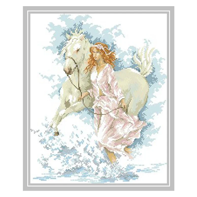 Amishop Top Quality Lovely Counted Cross Stitch Kit White Horse And Girl Lady Woman Cross The River Lanarte 33827