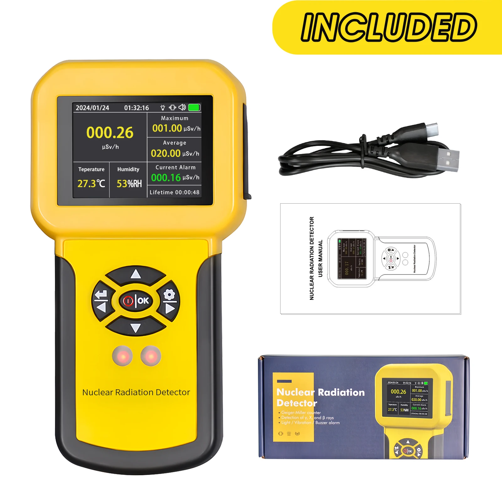 Portable Geiger Counter Radiation Detector for Gamma Beta X-Ray, 0-10000µSv/h, LCD Display, Sound/Light/Vibration Alarm, 1100mAh