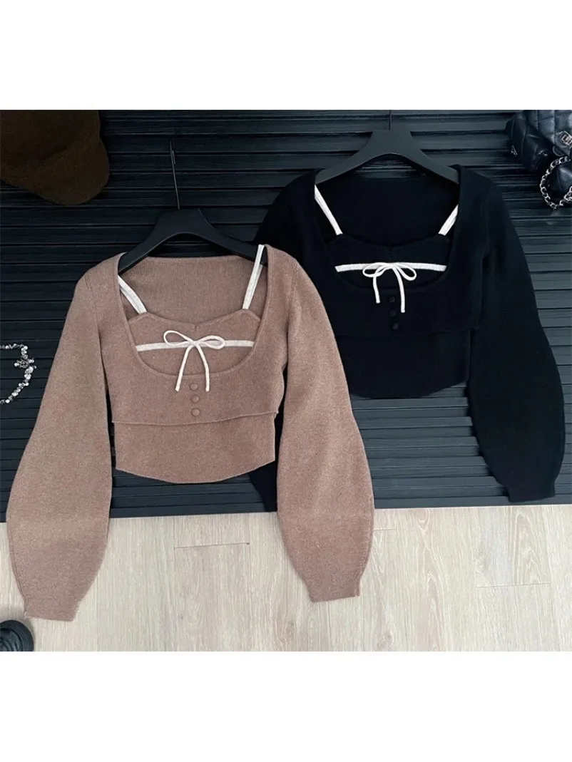 سترة نسائية جديدة من Shoujo Gir مكونة من قطعتين سترة قصيرة بأكمام طويلة ملابس تريكو محبوبة 2000s كورية Gyaru Old Money Mori