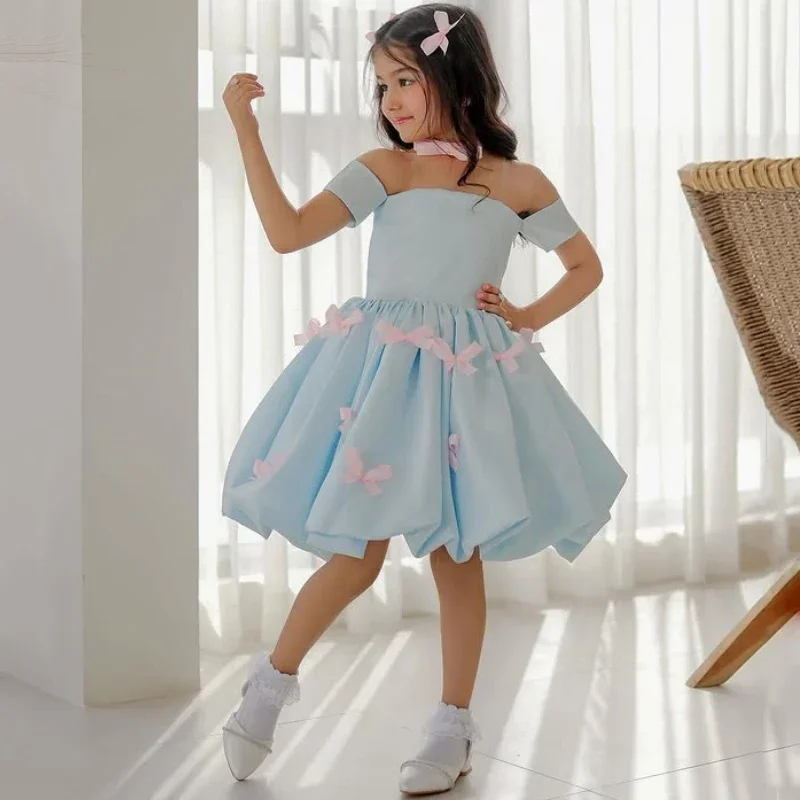 사용자 정의 캐주얼 연회 공주 가운 사용자 정의 꽃의 소녀 드레스 핑크 활 짧은 소매와 새틴 결혼식 생일 파티