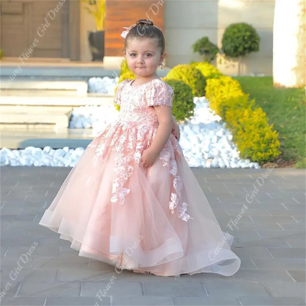 Pink Tulle Flower Girl Dress Lace Fluffy Skirt Fllral Appqulies Wedding Party MiniBride Princess Bridemaid Gowns