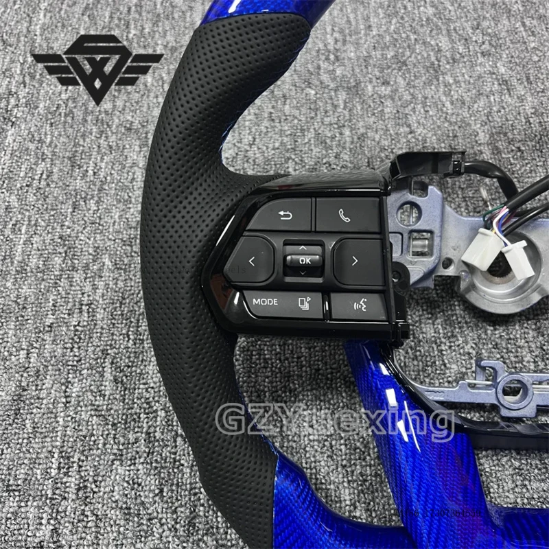 High Quality Suitable for Toyota Land Cruiser LC300 LC200 GR Blue Carbon Fiber and Black Perforated Leather Car Steering Wheel