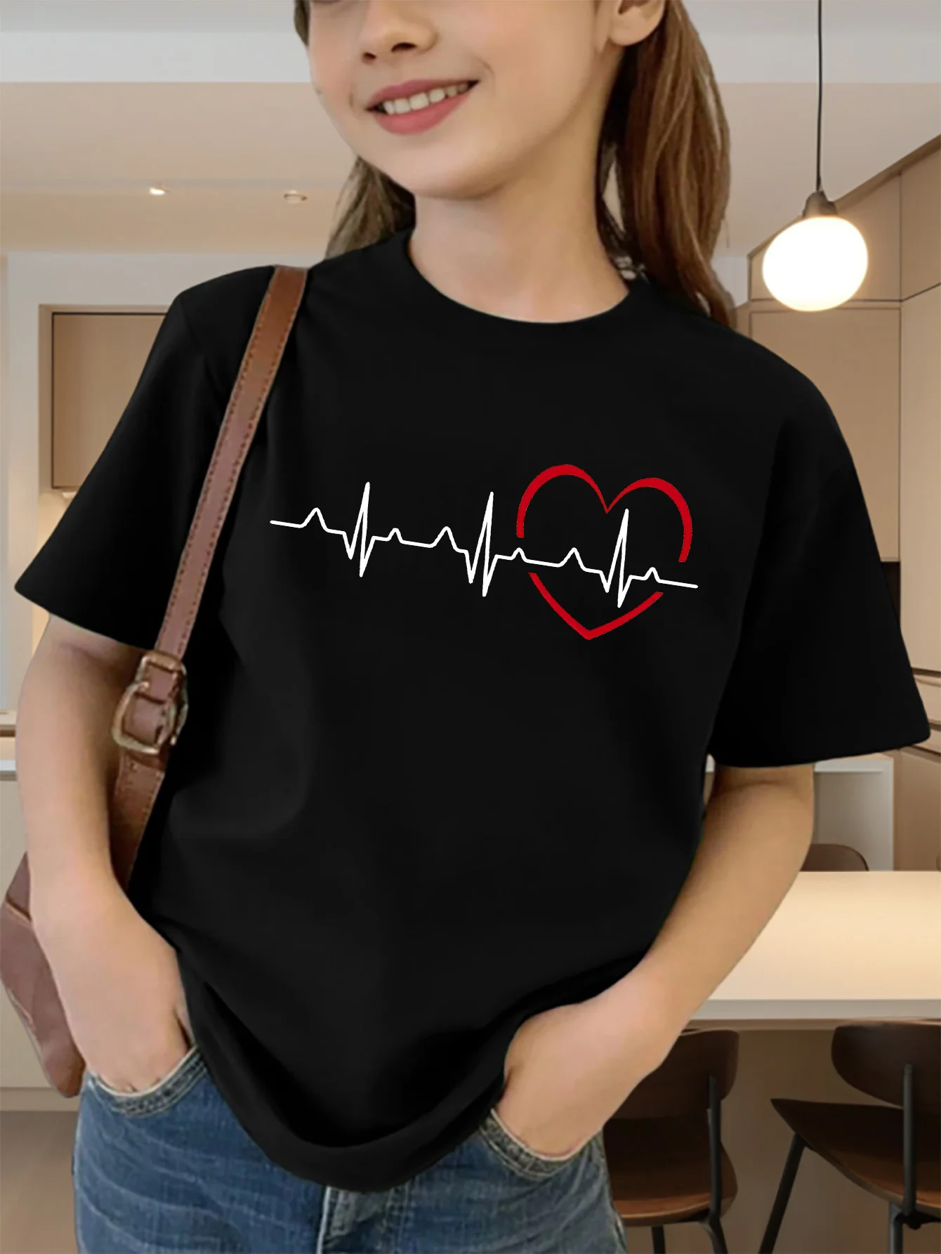 Cute Heart Electrocardiogram Print Graphic Kids Tee Boys Girls Family Matching Cotton Crew Neck Short Sleeve Soft Summer Tee