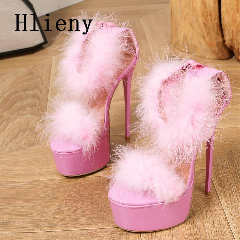 Hlieny Size 35-42 Pink Faux Fur Sandals Women Thin High Heels 2024 New Fashion Open Toe Platform Wedding Party Stripper Shoes