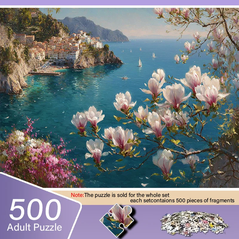 

A Box of (A) Adult Puzzles, with a Spring Scenery Design of a Seaside Mountain City - Scratch-Resistant, High Difficulty, Suit
