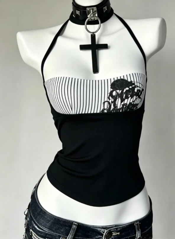 Gothic Vintage Black Slim Slash Neck Vest Women High Street Sexy Backless Design Tees Summer Japanese Subculture Retro Tank Tops