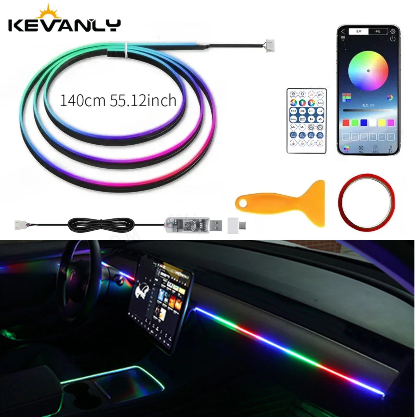 KEVANLY 140/55.1inch Car Ambient Lights 1in1 Universal LED Symphony RGB Atmosphere Lamp USB APP Remote for Tesla Model 3 Y S X