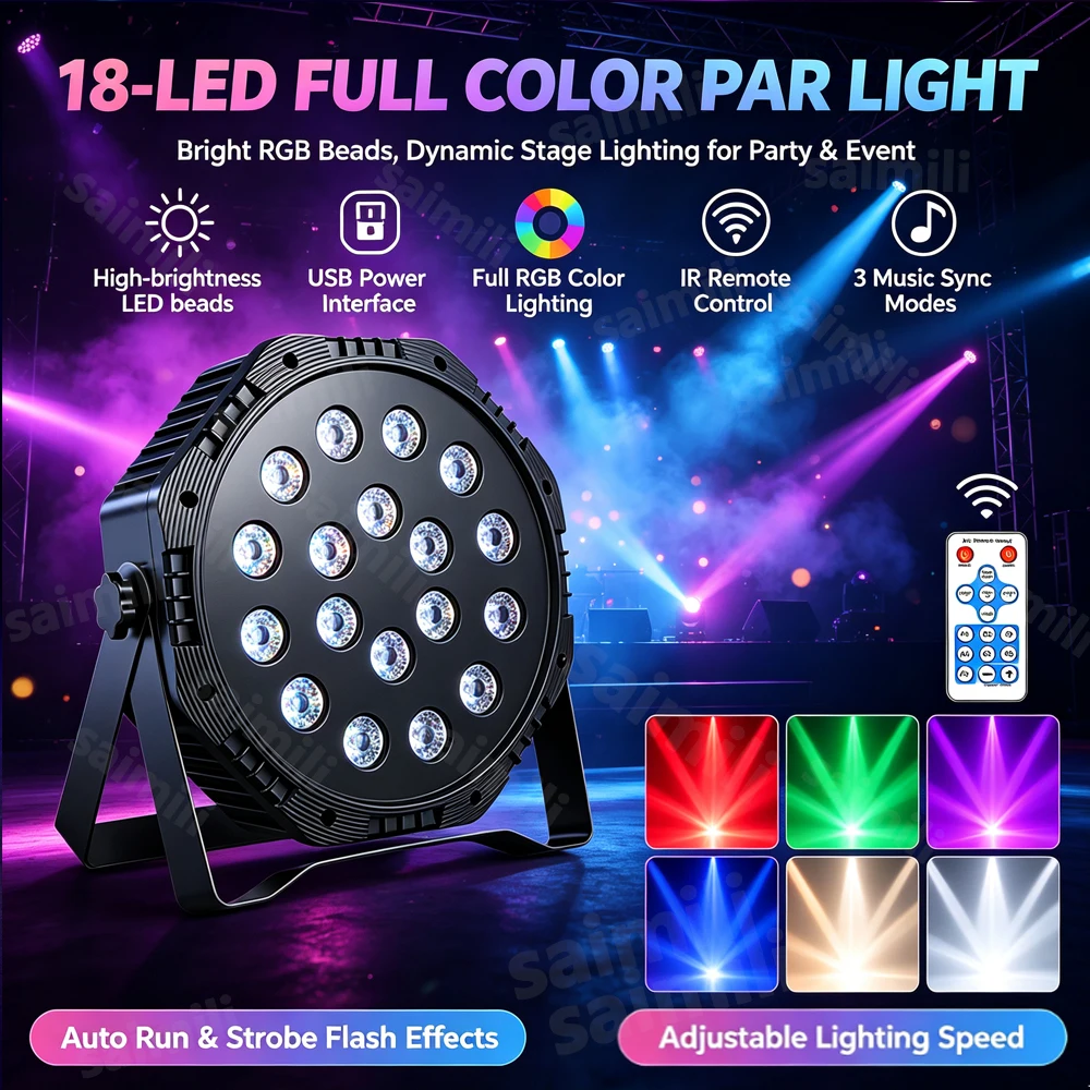 USB 5V 18LED RGB Stage Par Light With Remote Control Sound Activated Multicolor Uplight For Family Party Pub Club Disco Decor
