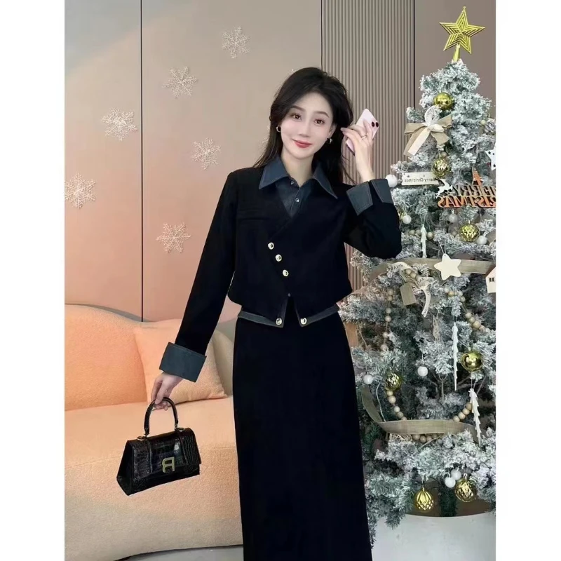 Women's Fall Winter Fake Two-Piece Roll-Neck Blazer Coat Hlaf Skirt Set Retro Casual Denim Patchwork Suit Skirt Two-piece Sets