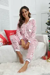 Winter Women Adult Warm Pyjamas Women Pink Flannel Print Onesies Jumpsuits Sleepwear Hooded Pajamas Onesie