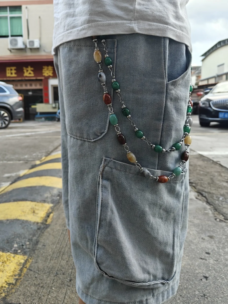 Farbiger Achat-Lmitations-Jade und Edelstein, mehrfarbige Hosenkette, böhmischer Stil, modische Luxus-Accessoires für Männer und Frauen – Detail 2