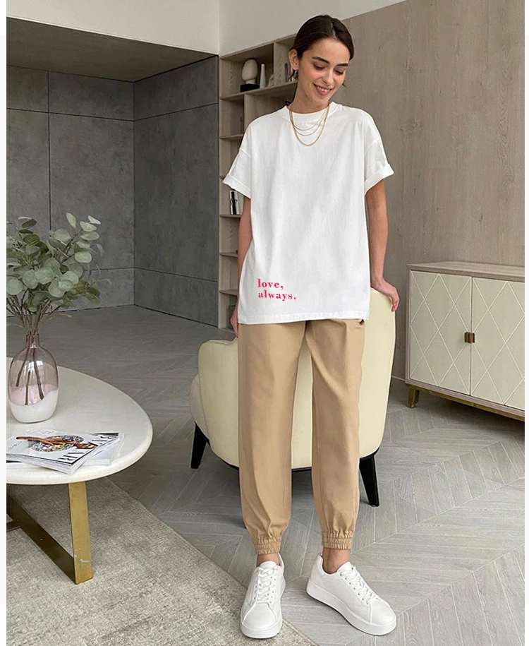 Koszulka z nadrukiem Hirsionsan z napisem „ love Aways ”damska letnia miękka bawełniana koszulka z krótkim rękawem damska Oversized Higt topy w