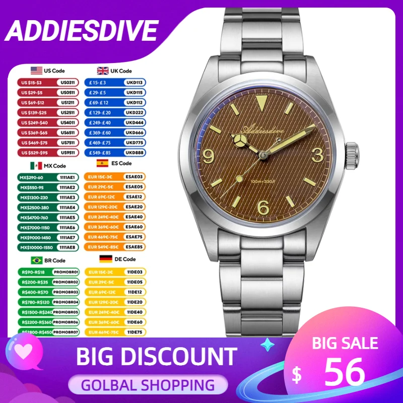 

ADDIESDIVE Top Brand Men's Luxury Watch Bubble Mirror K1 Mineral Glass Luminous 10ATM Waterproof Reloj Hombre Quartz Watches NEW