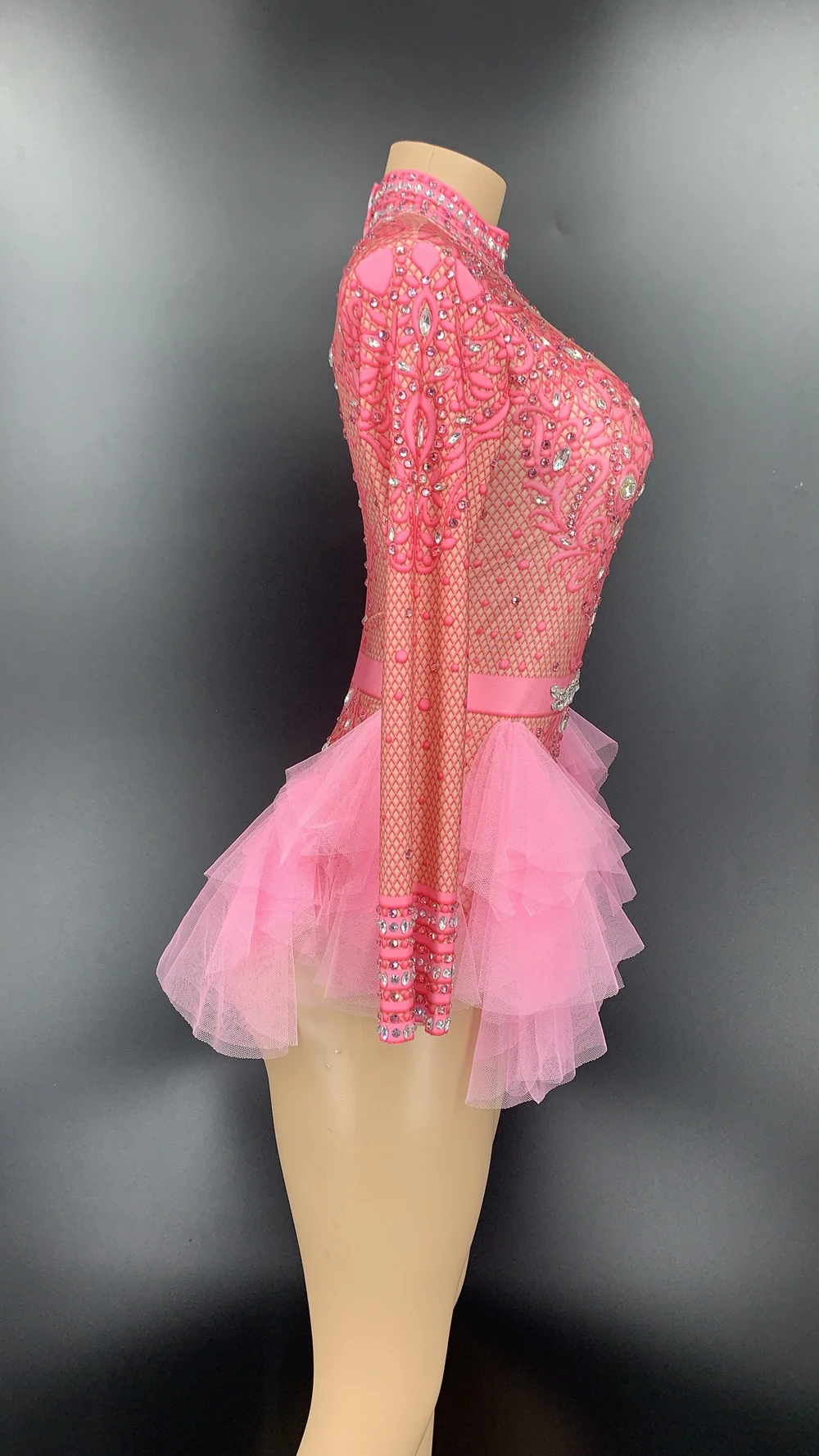 Sparkly Rhinestones Bodysuit Women Elastic Pink Mesh Ruffles Crystal Leotard Nightclub Dancer Costume Stage Wear Party Outfit