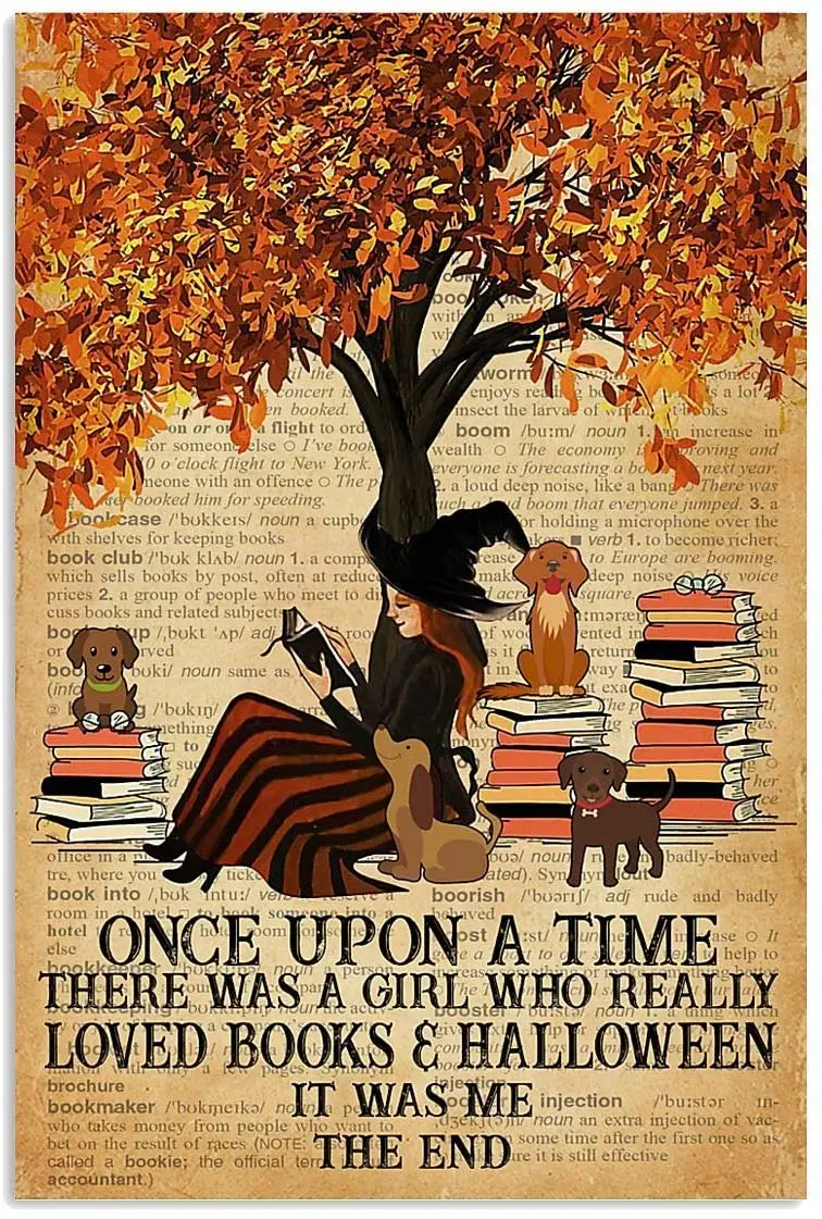 N\W Fall Tree Reading Dog There was a Girl Who Really Loved Books and Halloween Art Family Yard Garden Celebration Courtyar sign