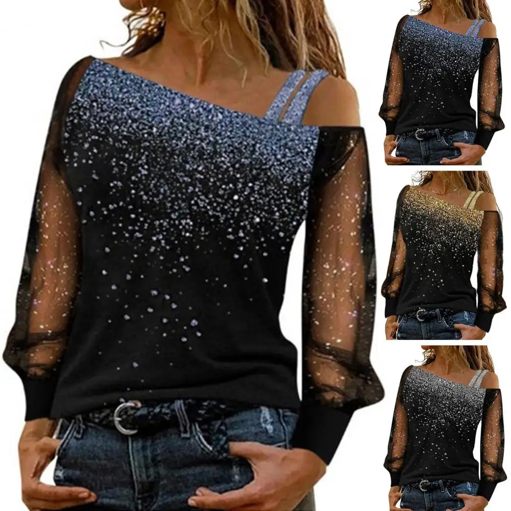 

Women Spring Top Elegant Commute T-shirt Blouse Women's Shiny Sequin Mesh Top with Oblique Neck Soft Loose for Spring Fall