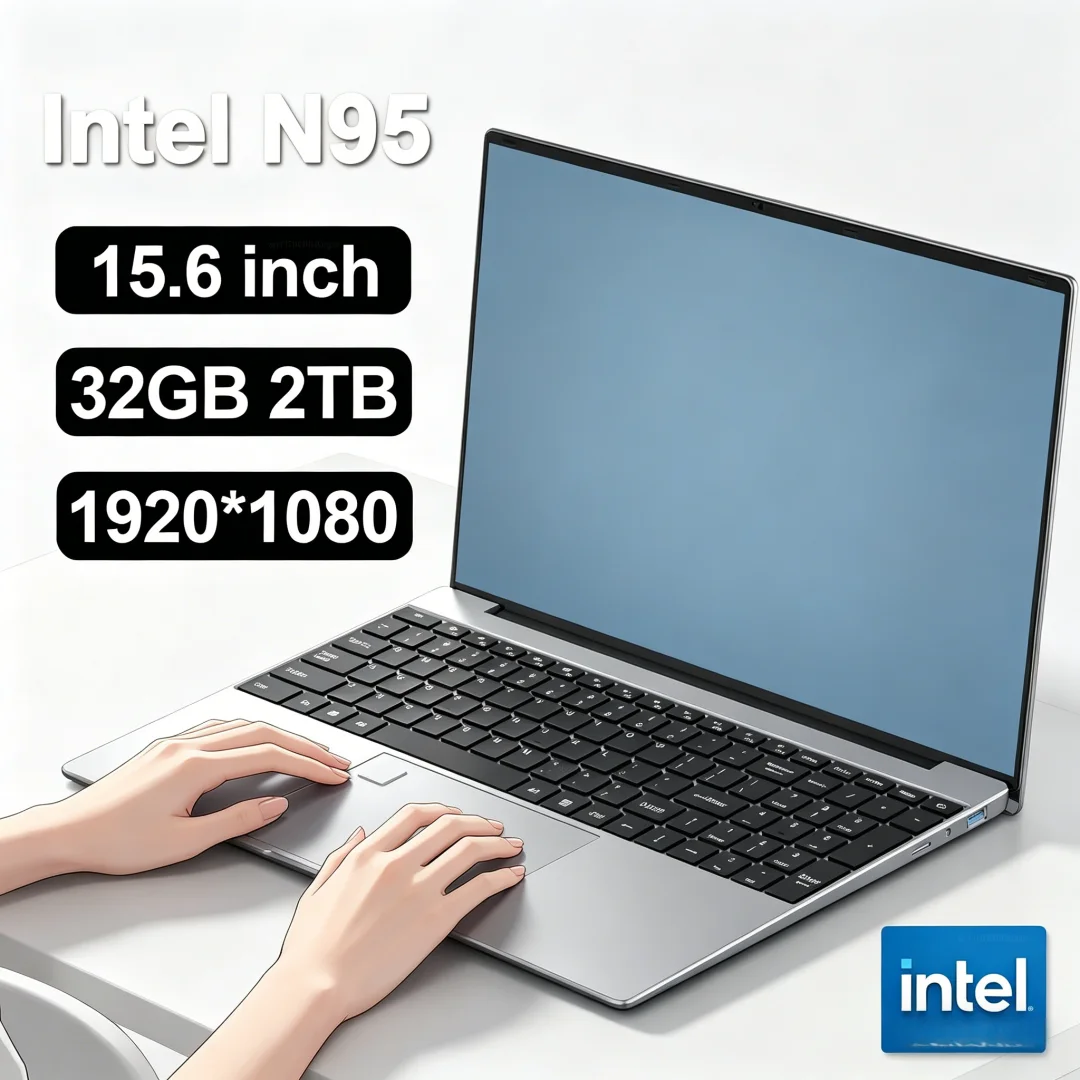 Hot 15.6" Intel N95 Portable Laptop Windows11 Notebook 32GB DDR4 2TB SSD Pc Gamer Office Computer with Backlit Fingerprint