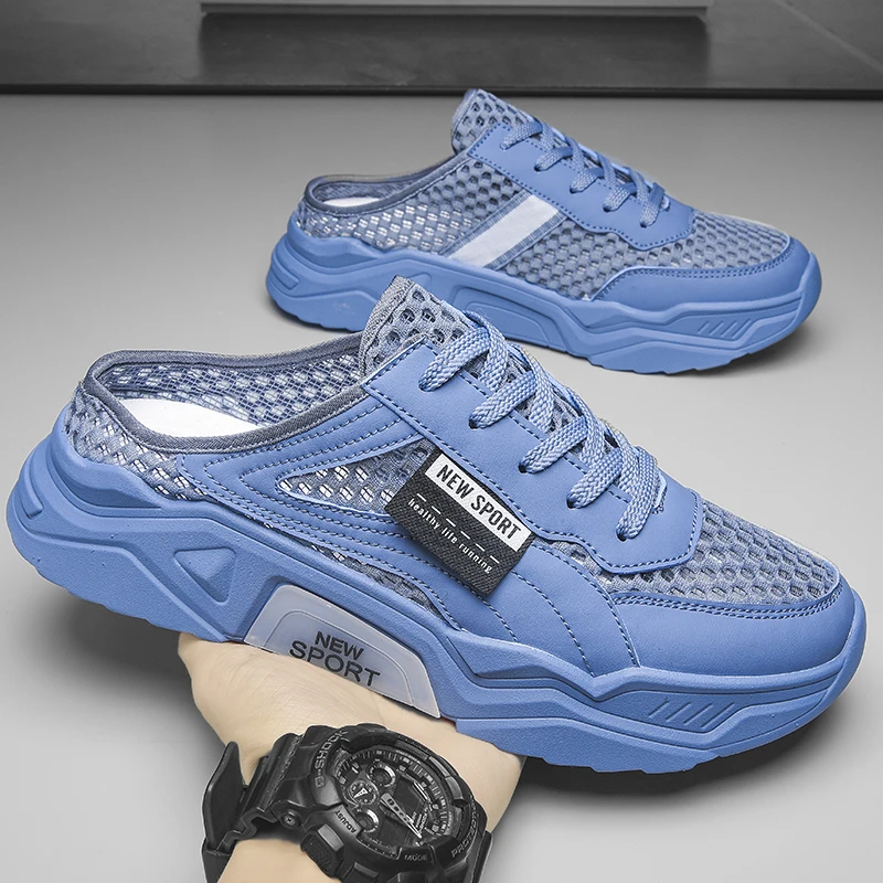 

Летние мужские туфли с половиной перетаскивания, дышащие повседневные сандалии с сеткой, модные спортивные тапочки на открытом воздухе, тонкие одинарные сетчатые тапочки
