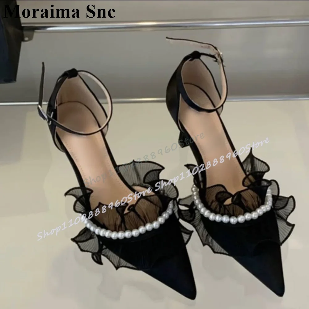 

Graceful Black Pearl Ruffles Decoration Sandals Thin High Heel Shoes For Women Ankle Buckle Strap Pointed Toe Casual Sandals