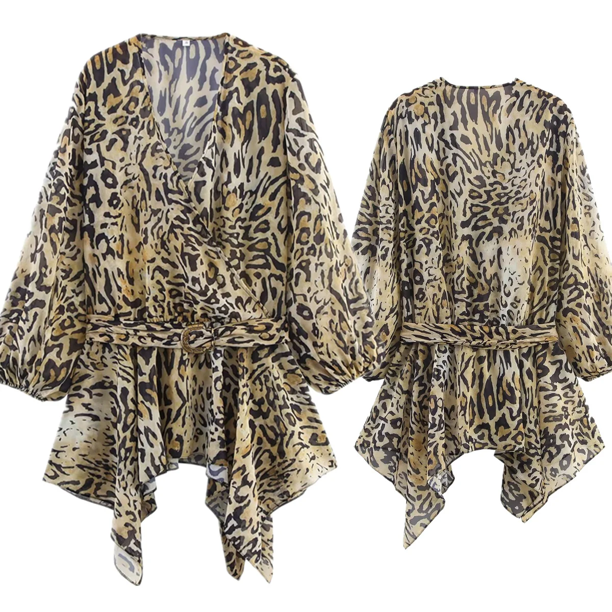

Withered Fashionable Autumn Leopard Print Shirt Women French Retro Animal Print Wrap Chiffon Shirt Women Long Sleeve Blouse Tops