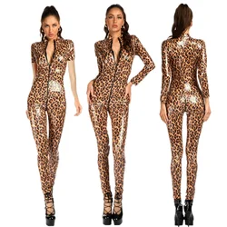 Leopard short sleeve Double Zipper Open Crotch Bodysuit Faux PU Leather Cosplay Jumpsuit Tights Bodystocking Sexy Clubwear