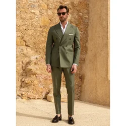 Army Green Suits for Men Fashion Peak Lapel Double Breasted 2 Piece Business Casual Office Blazer Sets Wedding Groom Tuxedo