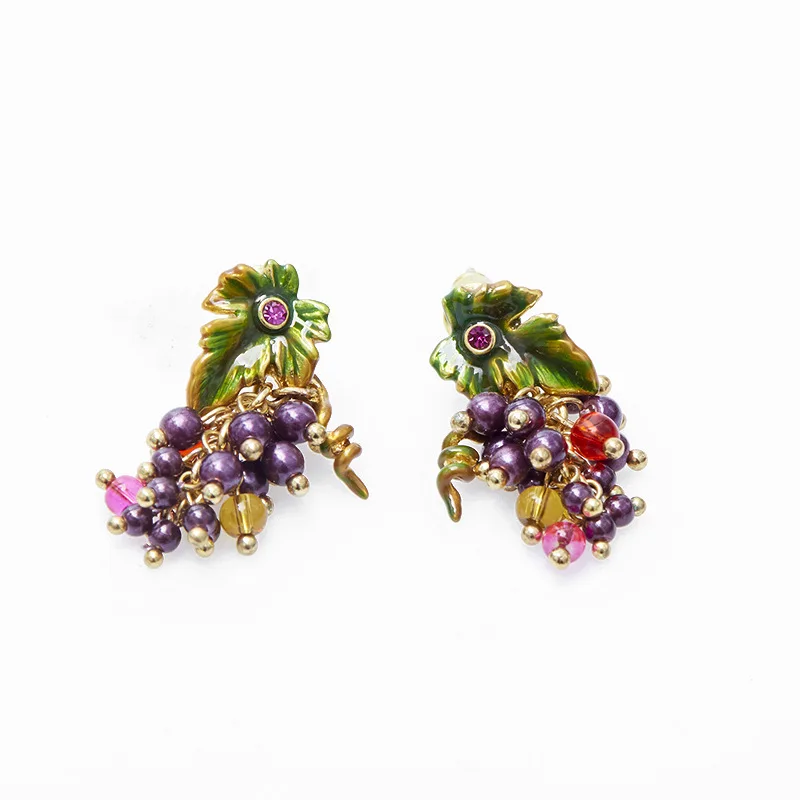 Fashion Accessories Cute Fruits Enamel Glaze Green Leaves Glass Purple Pearls Grape Shape Dangle Earrings Ear Clips for Women