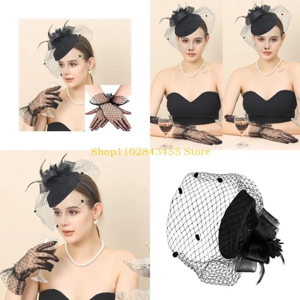 49MC Vintage Style Handmade Large Veil Women Feather Hair Fascinator Hat Wedding Mesh Short Gloves for Bridal Accessories