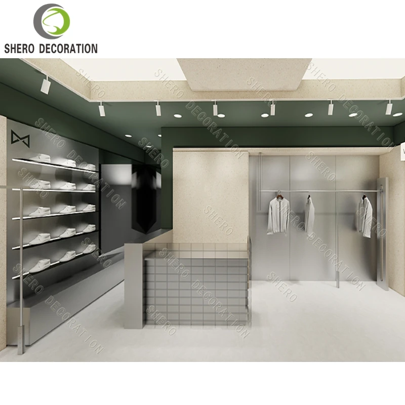 أرفف بيع بالتجزئة للملابس الرياضية التجارية المتينة، رف عرض متجر الملابس الرياضية الحديثة مع عداد متجر خشبي رائع