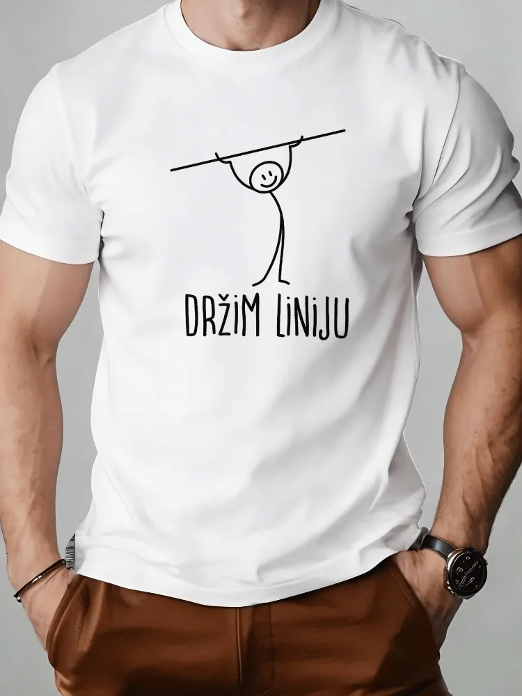 Summer White Basic Male Tee Hand Drawn Stick Figure Hanging Drzim Liniju Slogan Print Lightweight Daily Street Fashion Top