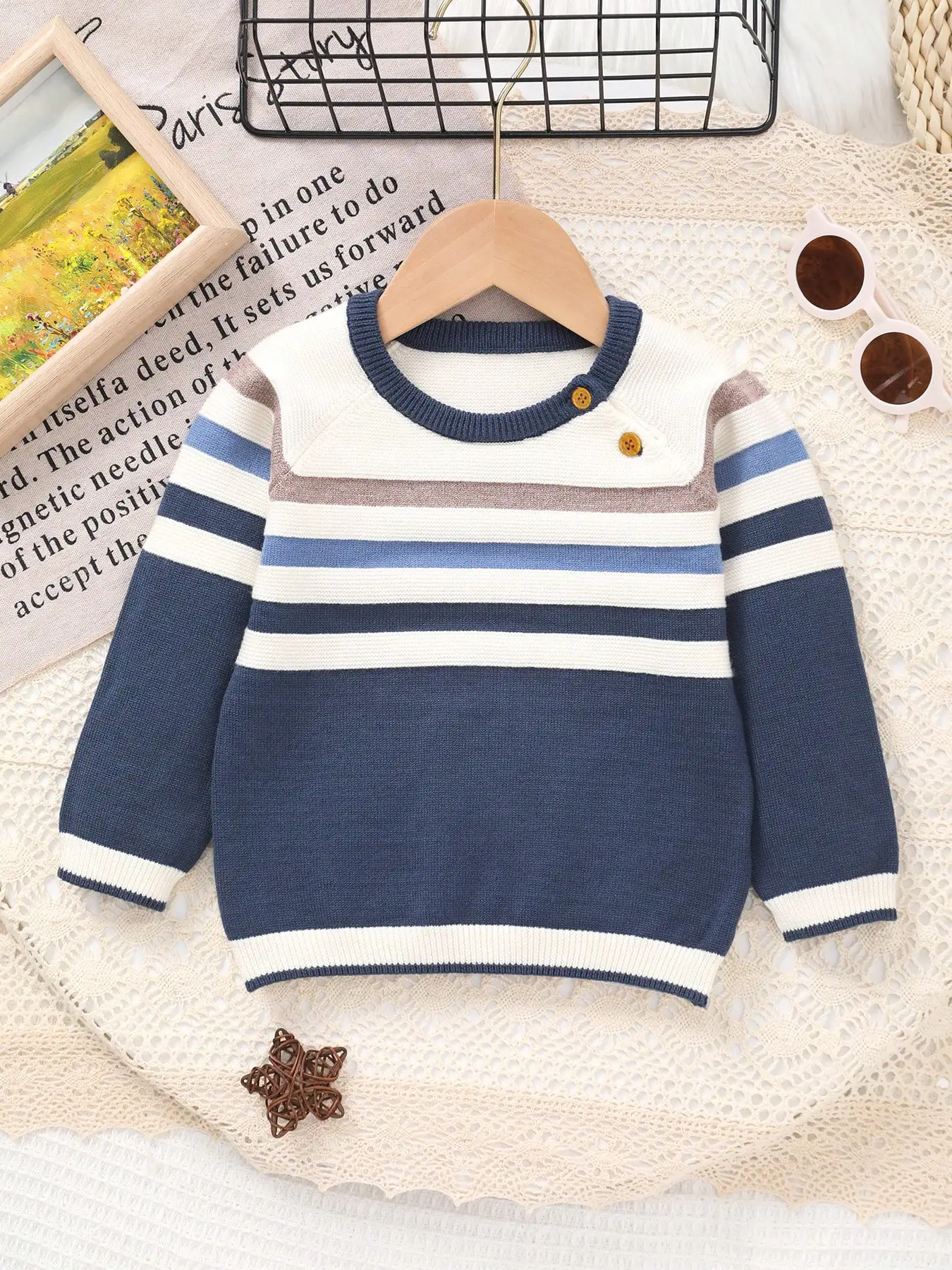 Baby Boy's Striped Color-Blocked Round Neck Long-Sleeved Knitted Sweater Pullover