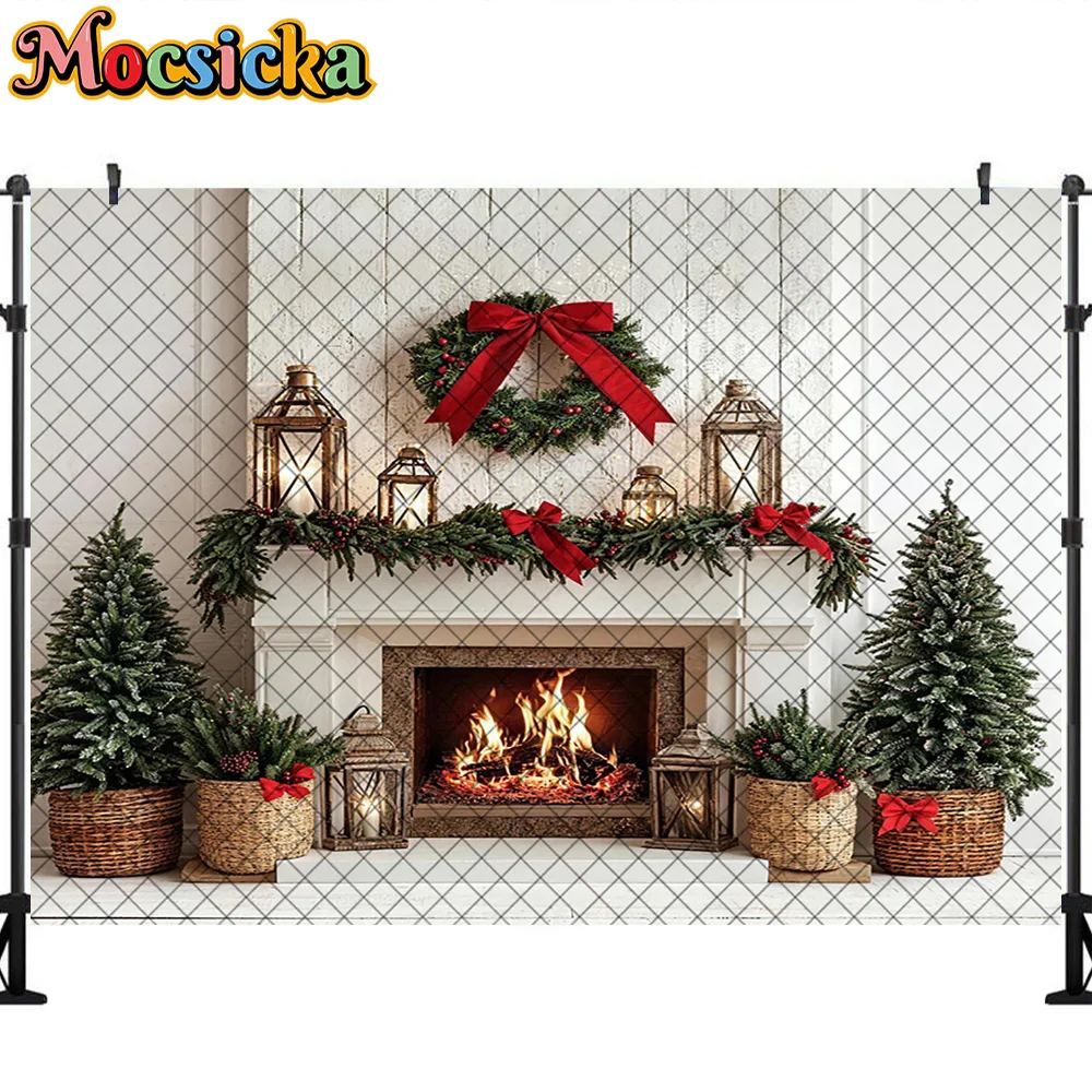 Mocsicka Photography Background Christmas WreathFireplace Curtains Decoration Backdrop Family Xmas Holiday Portrait Studio Props