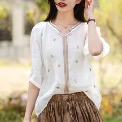 Retro Folk Cotton Linen Embroidered Shirts Summer New Women's Solid Patchwork Lace V-neck Pullover Blouses Loose 3/4 Sleeve Tops