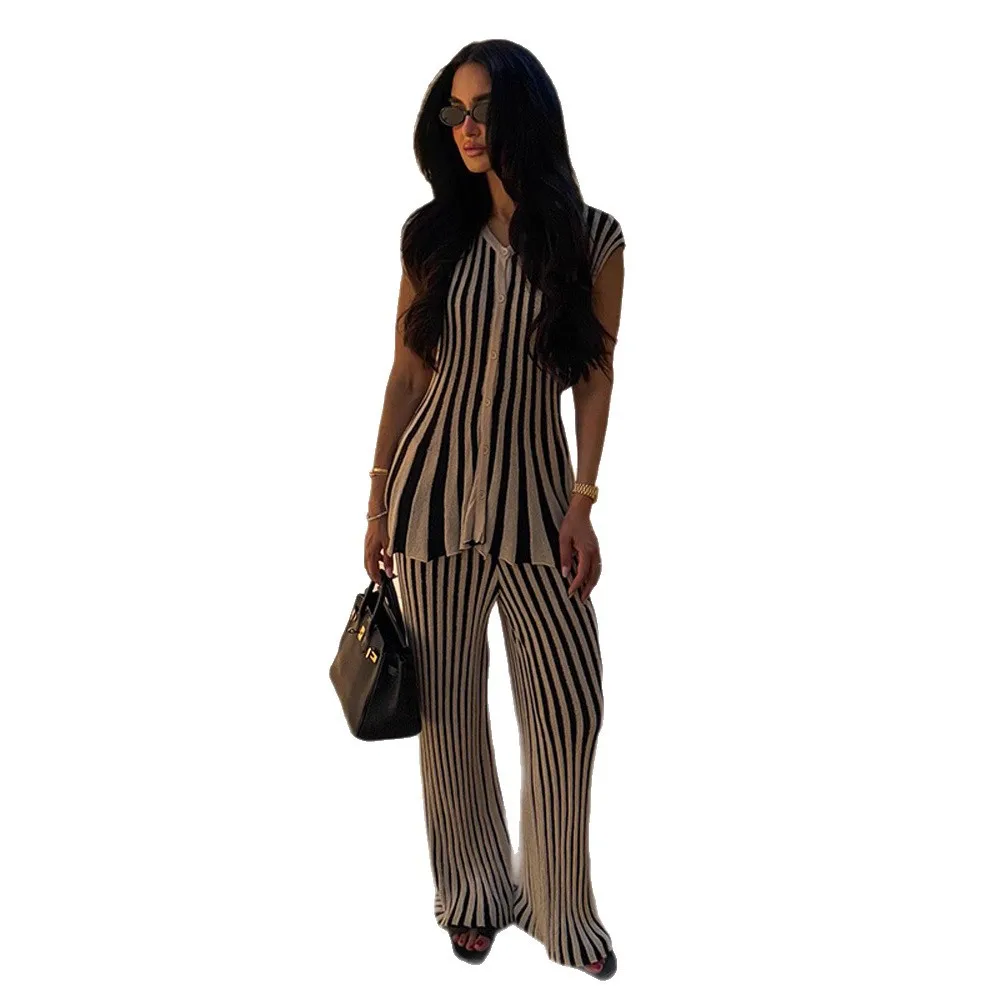 Vintage Stripe Knitted Pants Suits Women Elegant O Neck Single Breasted Top Pants Set Lady High Street Commute Chic Outfits