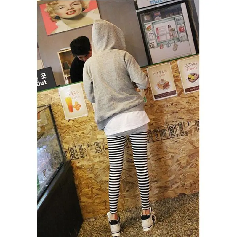 E15E Women Ankle Length Skinny Leggings Black White Horizontal Striped Pants Tights