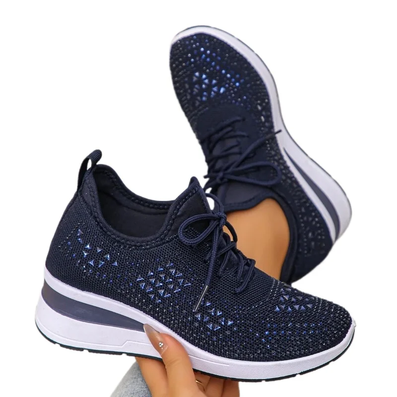 

Breathable Knit Non Slip Walking Shoes Woman Plus Size Fashion Thick Sole White Women's Shiny Rhinestone Wedge Sneakers