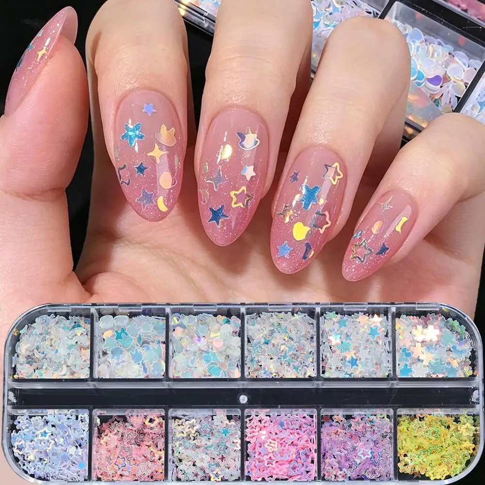 12 grilles de paillettes irisées pour ongles, formes mélangées : étoile, lune, lapin, cœur, fleur, flocons pour ongles, pentagramme creux, paillettes pour ongles