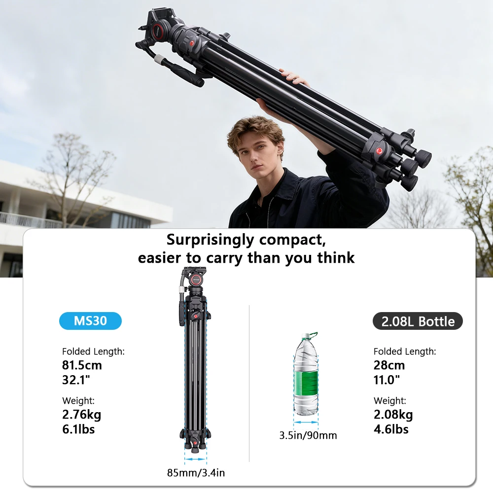 Video Tripod with Fluid Head ARTCISE MS30 Aluminum Heavy Duty Tripod, Quick Release Plate Compatible with DSLR Camera Camcorder