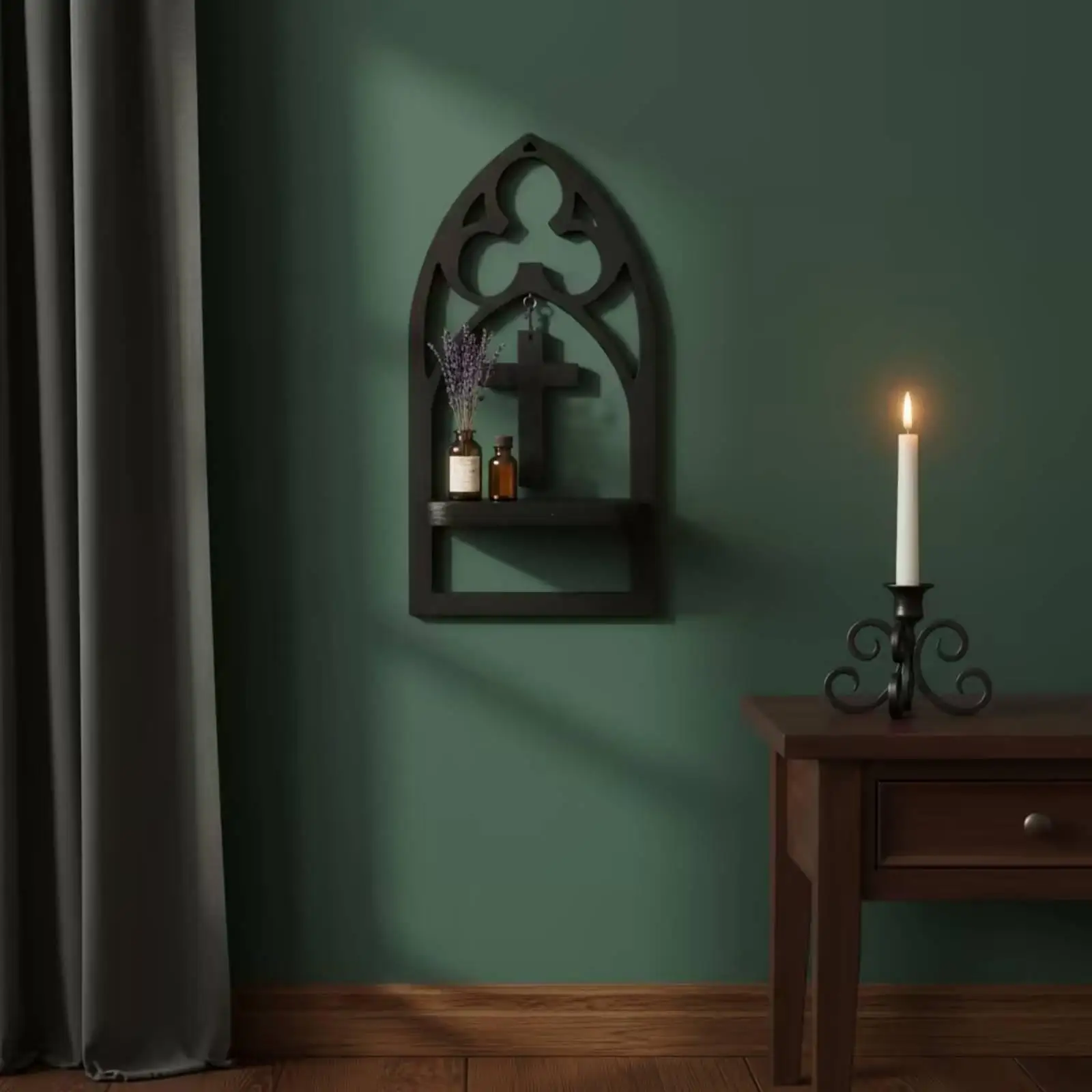 Gothic Wall Shelf for Spiritual Decor Wooden Arched Cross Display Shelf for Candles
