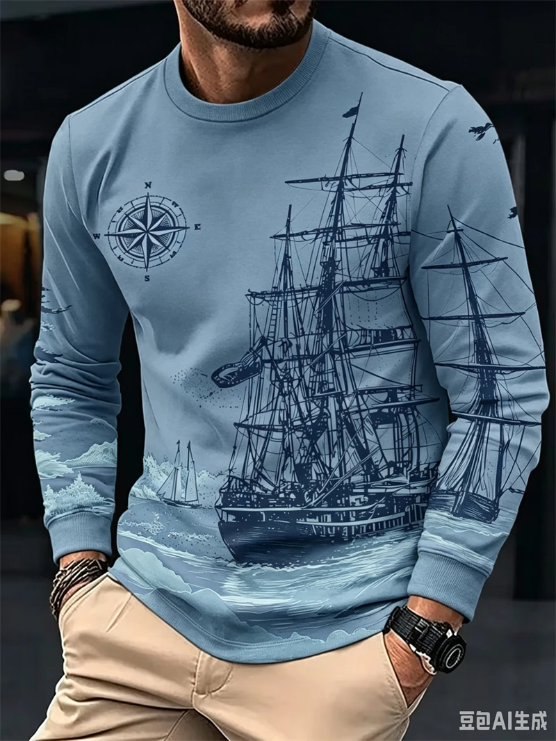 Vintage Sailing Ship 3D Print Long Sleeve T-Shirt For Men Clothing Nautical Graphic Tee Casual Streetwear Pullover Unisex Top