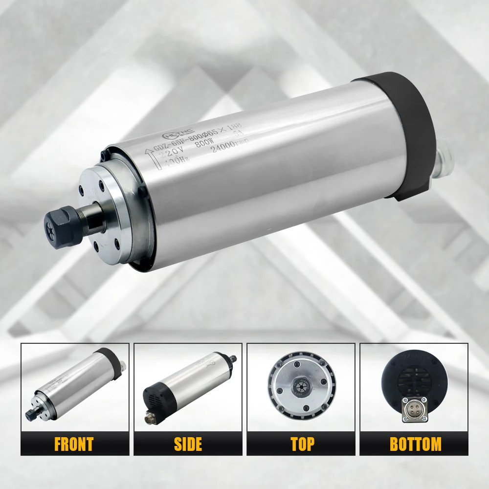 800w Spindle Motor 400Hz 24000RPM 0.32Nm Air Cooled Round Spindle 65MM Diameter ER11 Three Phase Collets For CNC