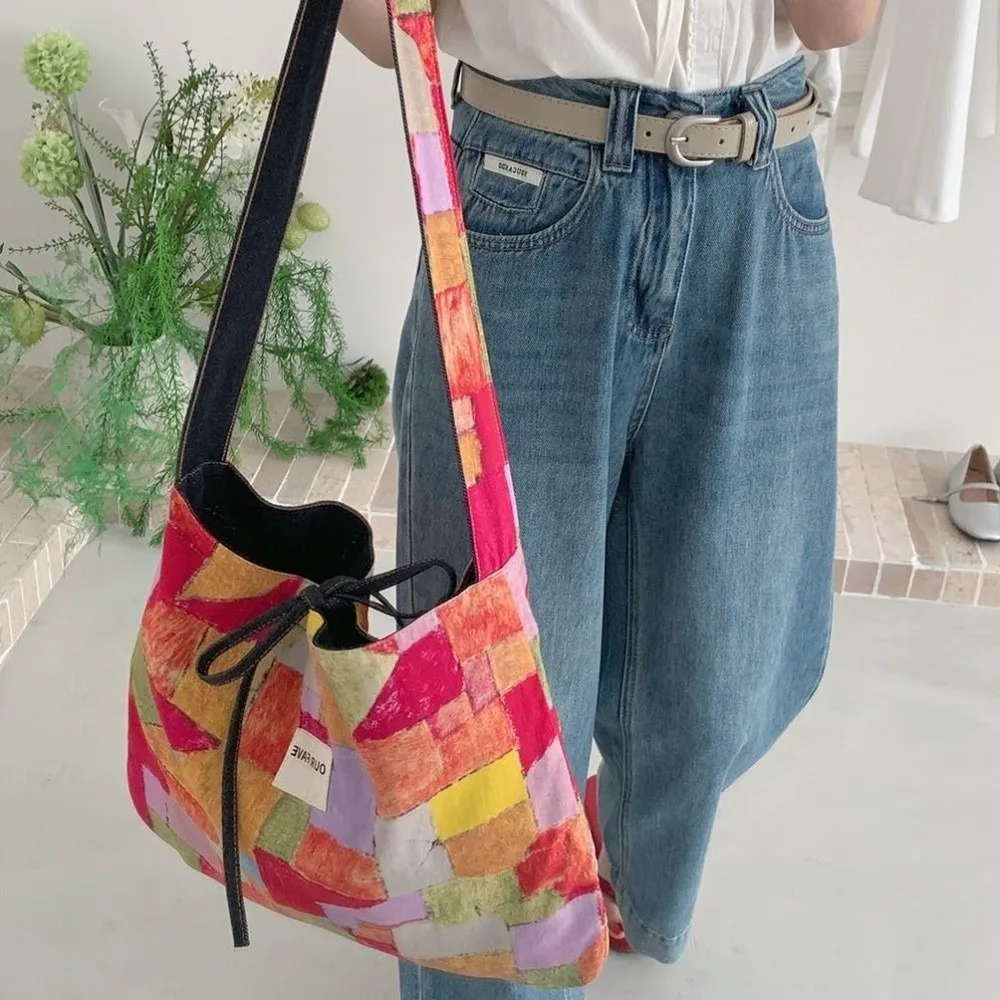

Simple Cloth Double Sided Denim Bag Korean Style Large Capacity Denim Shoulder Bag Handbag Flower Bohemian Messenger Bag Class