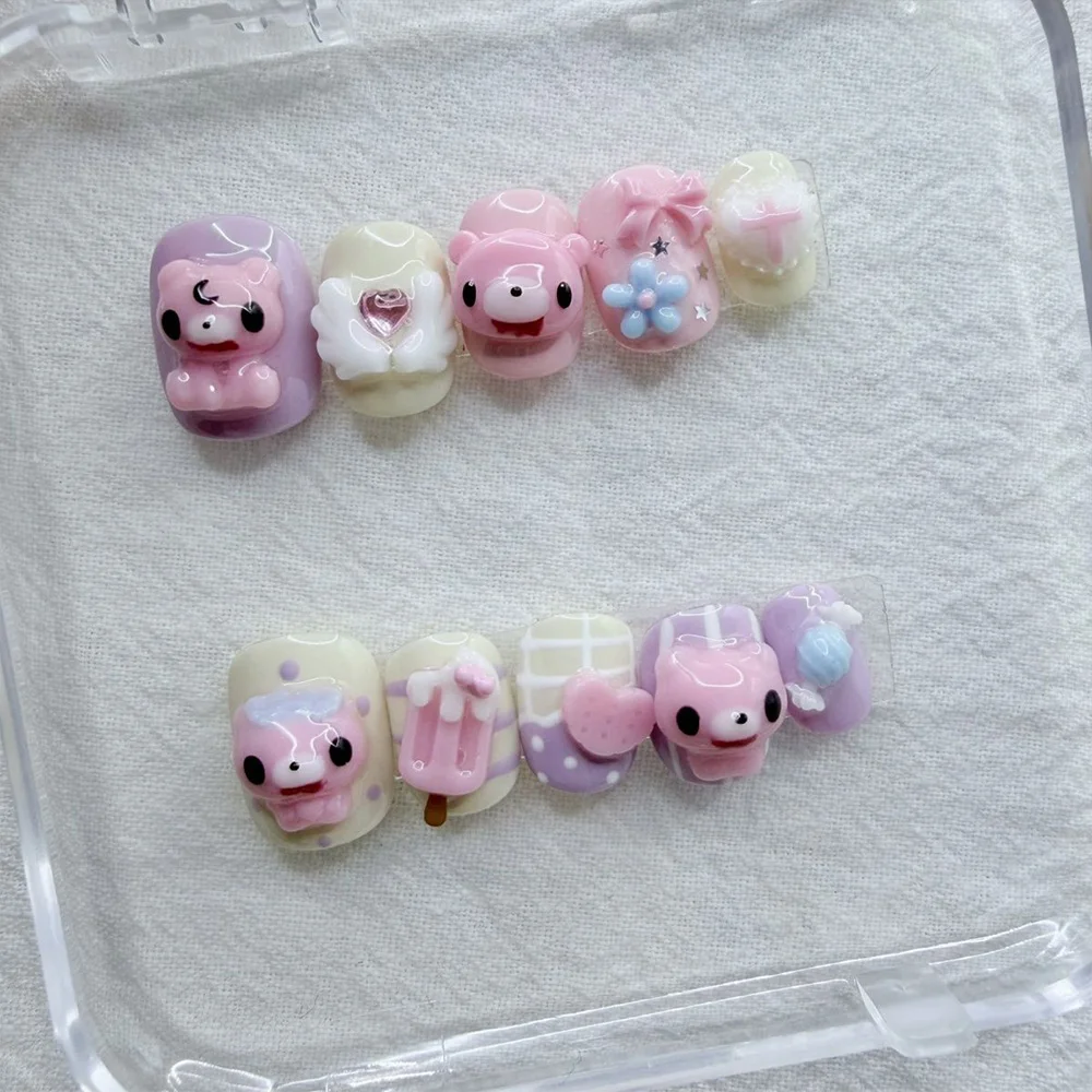 Cartoon Niedlicher Rosa Hase Dessert Liebesbär Ellipsen-Nagelkunst 3D Stern Schmetterling Knoten Flügel Punkt-Muster Künstliche Nägel Geburtstagsgeschenk – Detail 6