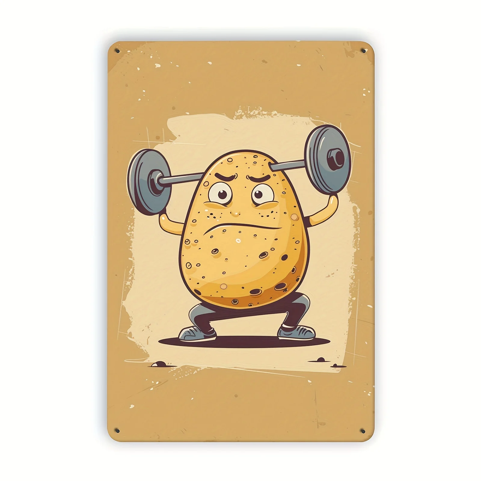 （2D Tin painting）1pc Vintage Metal Sign - Cartoon Potato Lifting Weights Wall Art Decor for Gym, Cafe, Bar - 8x12 Inches, Iro