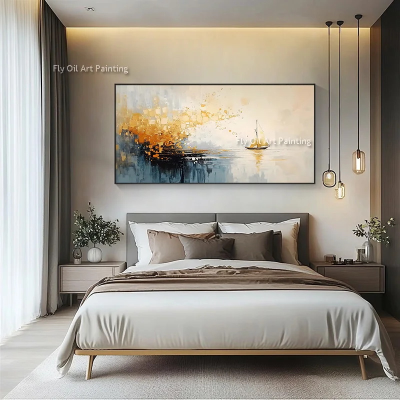 Abstract Orange And Yellow Seascape Thick Oil Painting Hand Pianted Blue Beige Boat On The Sea View Canvas Wall Art For Decor